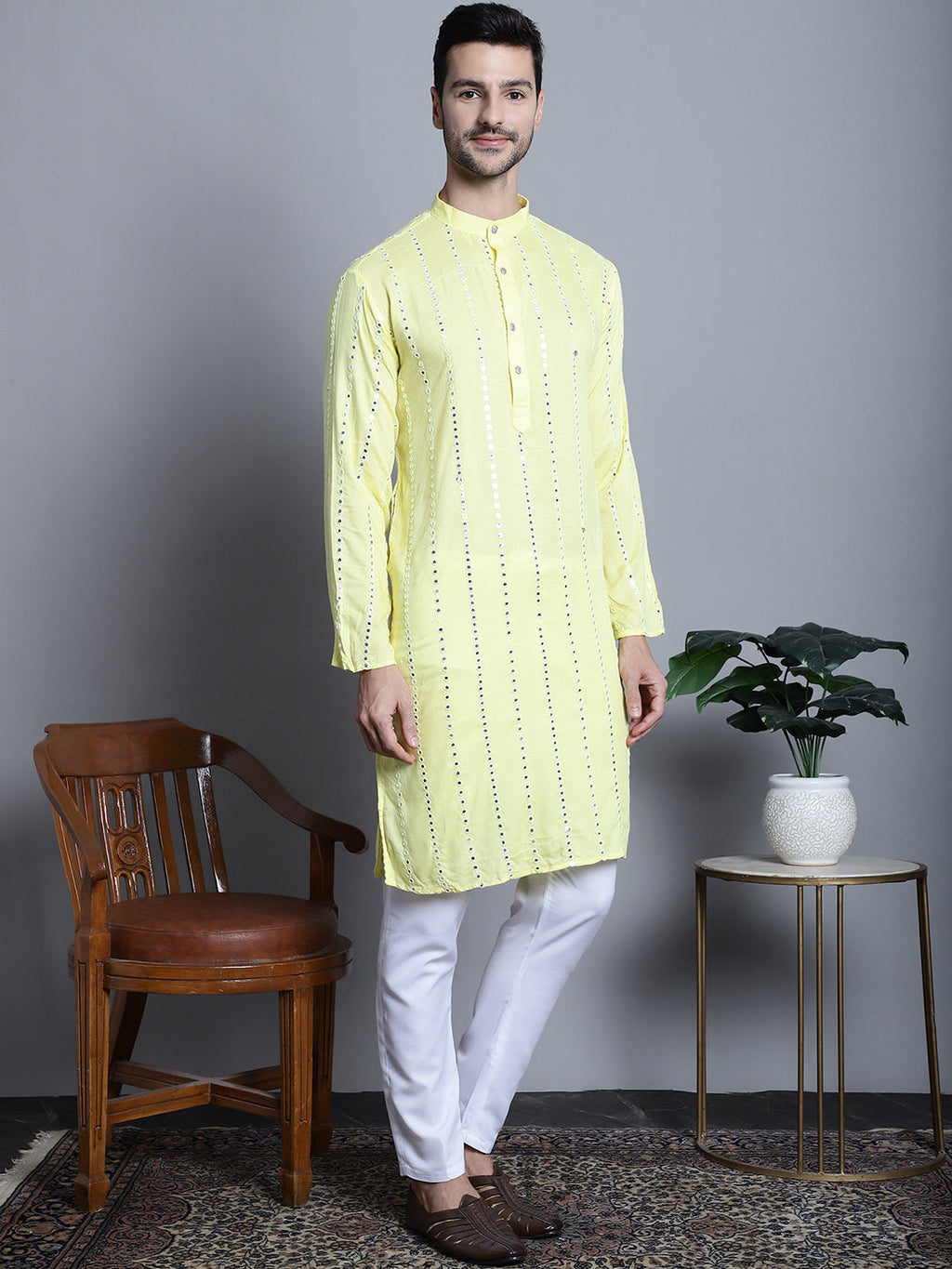 Jompers Men's Embroidered Mirror Work Kurta Payjama Sets - Lemon | Grocsy