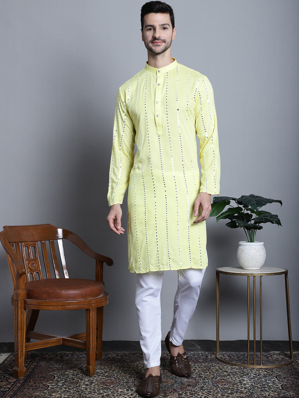 Jompers Men's Embroidered Mirror Work Kurta Payjama Sets - Lemon | Grocsy