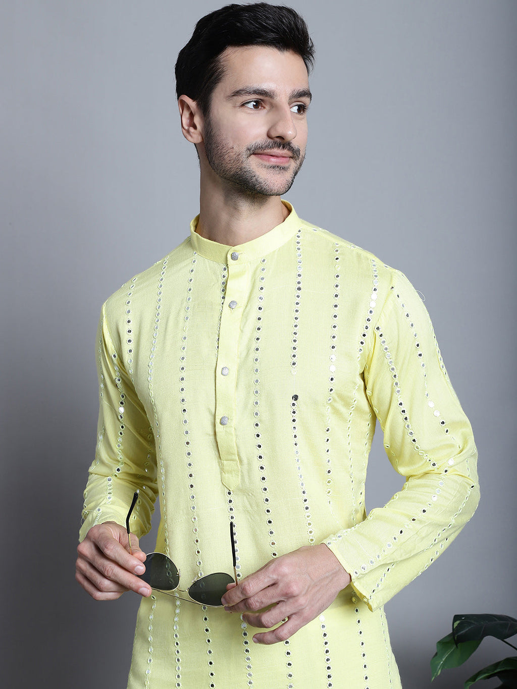 Jompers Men's Embroidered Mirror Work Kurta Payjama Sets - Lemon | Grocsy