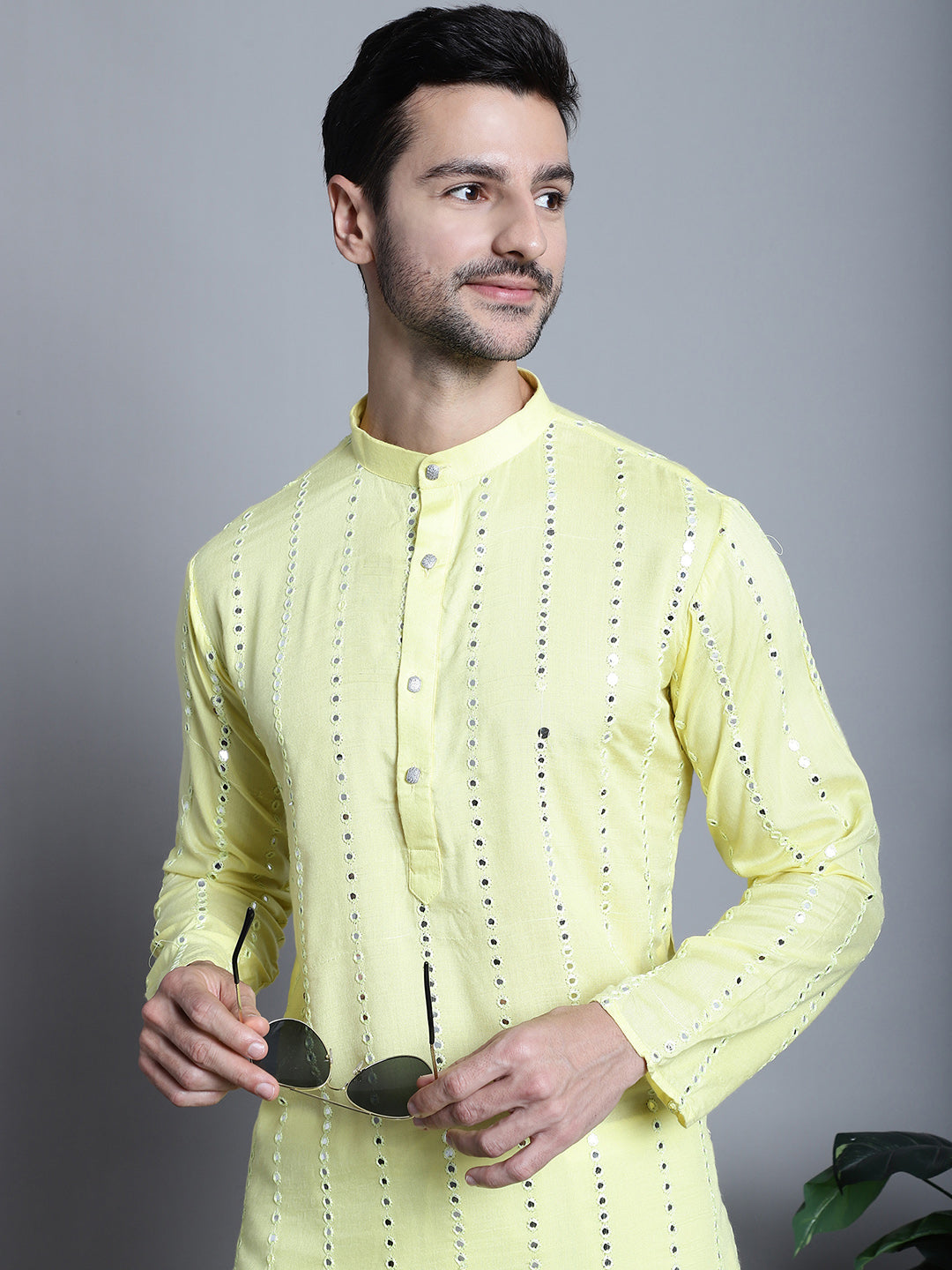Jompers Men's Embroidered Mirror Work Kurta Payjama Sets - Lemon | Grocsy