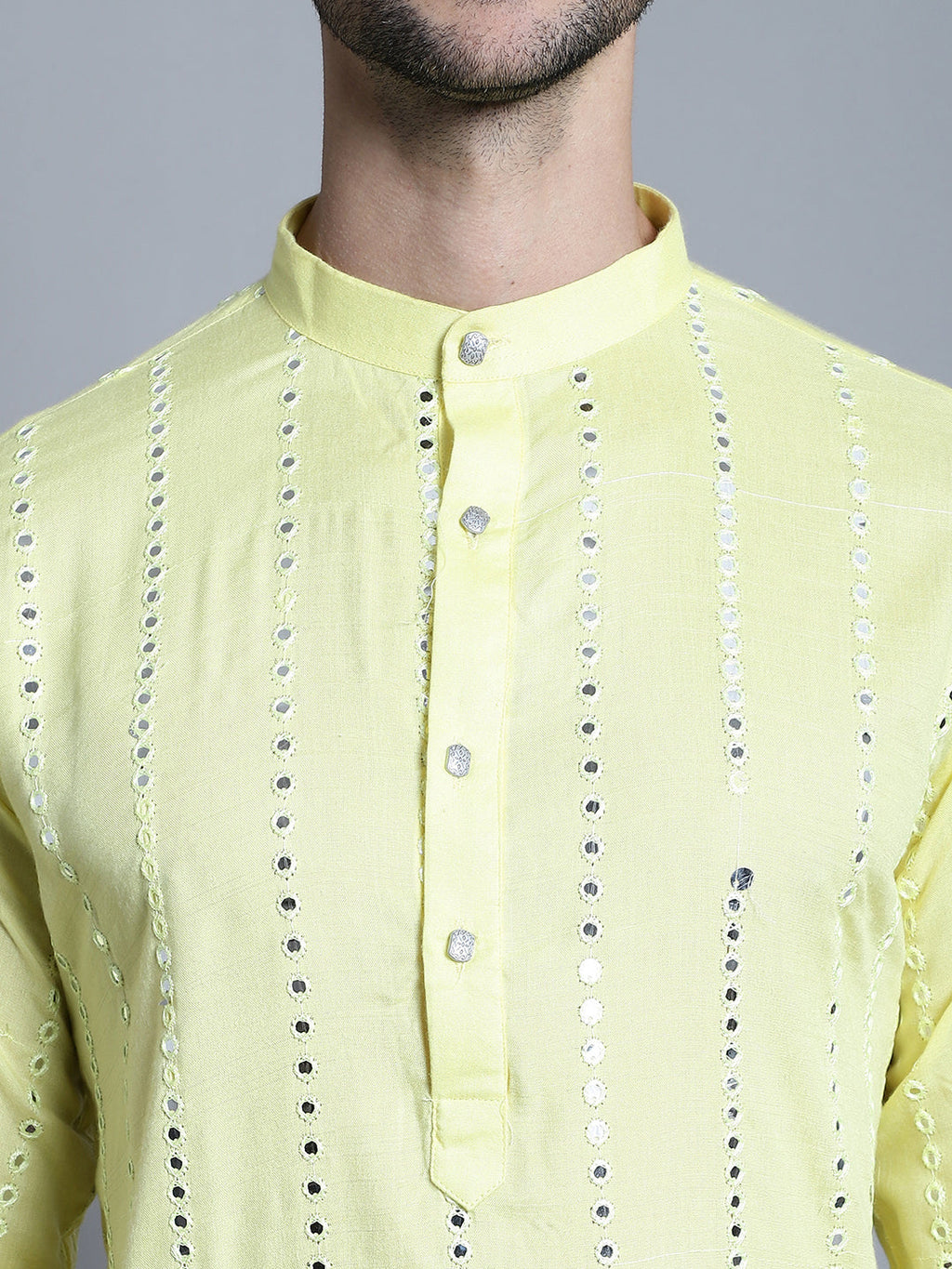 Jompers Men's Embroidered Mirror Work Kurta Payjama Sets - Lemon | Grocsy