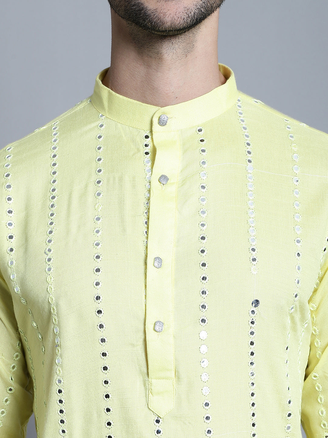 Jompers Men's Embroidered Mirror Work Kurta Payjama Sets - Lemon | Grocsy