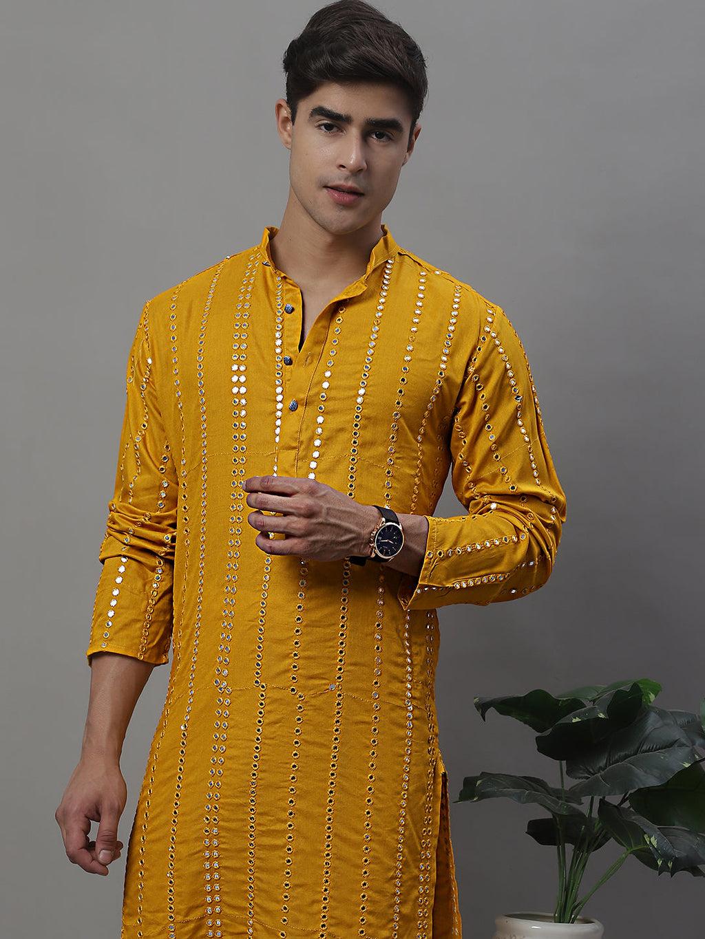 Jompers Men's Embroidered Mirror Work Kurta - Mustard | Grocsy
