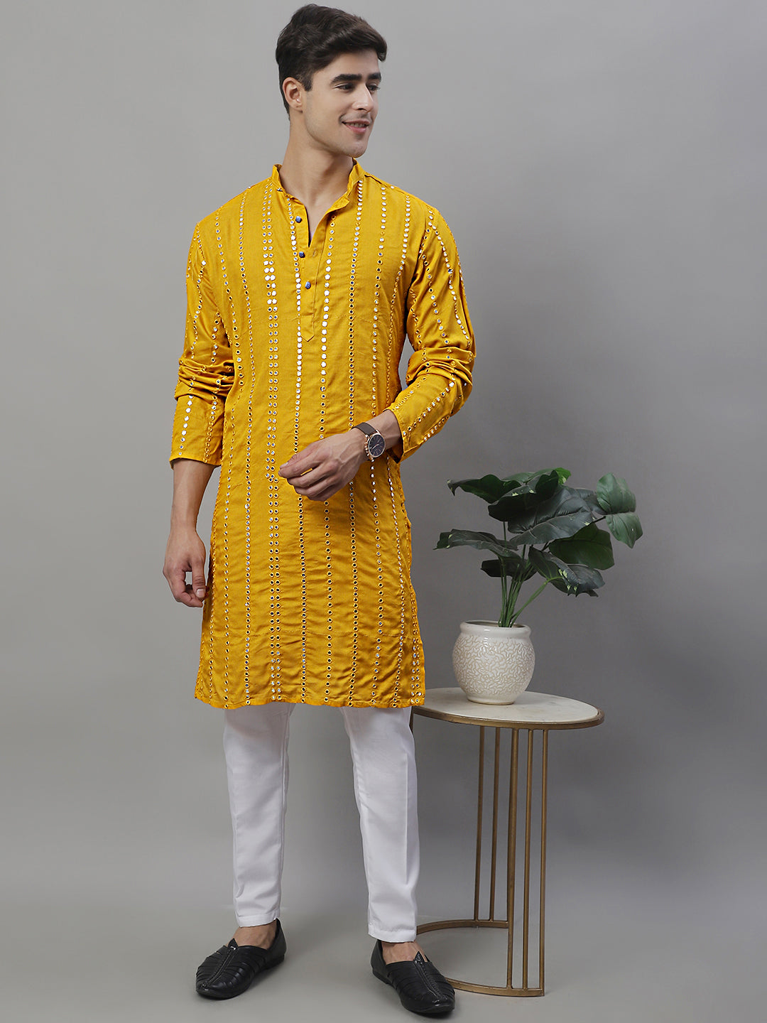 Jompers Men's Embroidered Mirror Work Kurta - Mustard | Grocsy