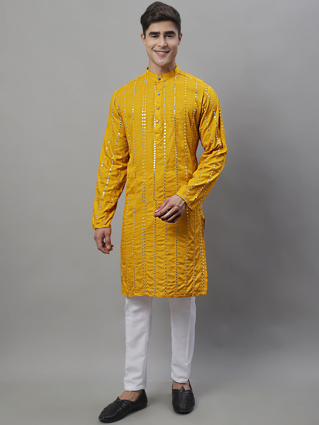 Jompers Men's Embroidered Mirror Work Kurta - Mustard | Grocsy