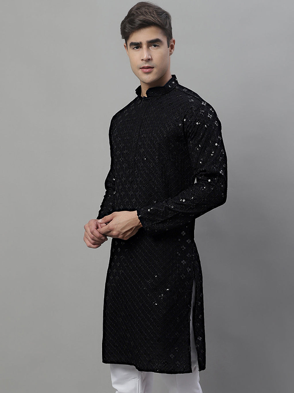 Jompers Men's Black Chikankari Embroidered and Sequence Kurta | Grocsy
