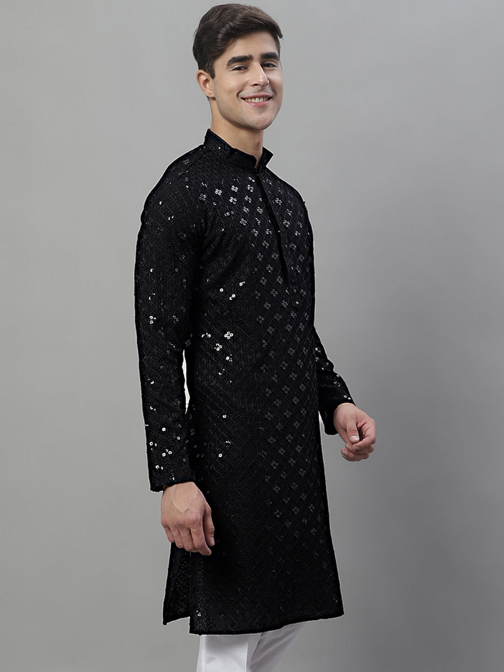 Jompers Men's Black Chikankari Embroidered and Sequence Kurta | Grocsy