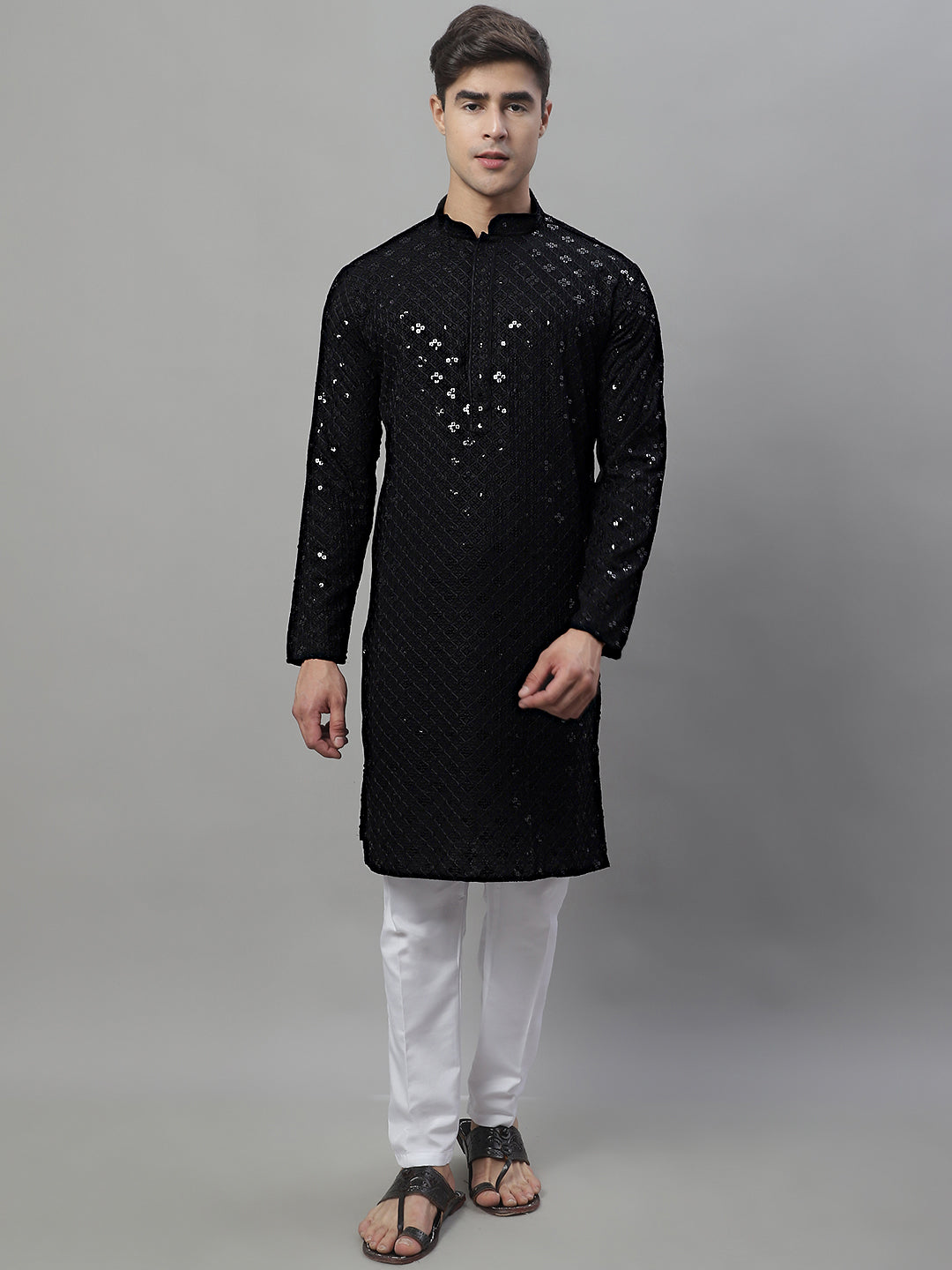 Jompers Men's Black Chikankari Embroidered and Sequence Kurta | Grocsy