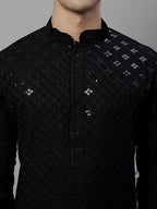 Jompers Men's Black Chikankari Embroidered and Sequence Kurta | Grocsy