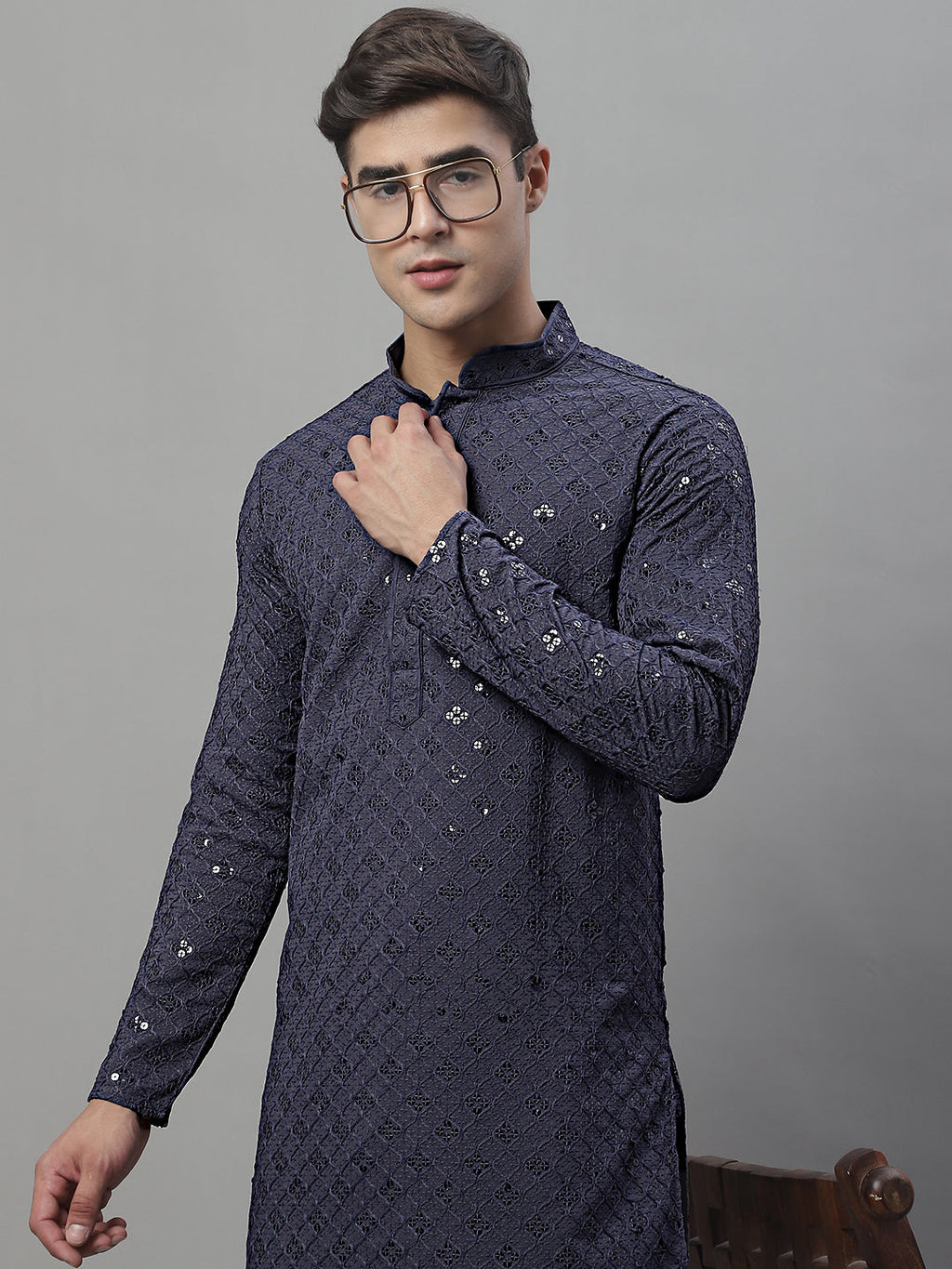 Jompers Men's Grey Chikankari Embroidered and Sequence Kurta | Grocsy