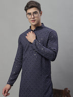 Jompers Men's Grey Chikankari Embroidered and Sequence Kurta | Grocsy
