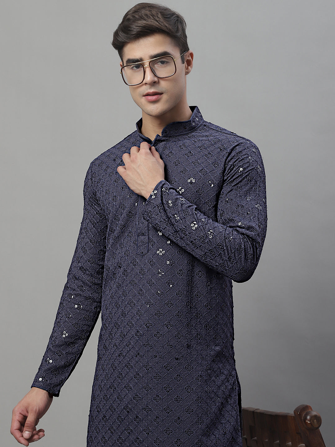 Jompers Men's Grey Chikankari Embroidered and Sequence Kurta | Grocsy