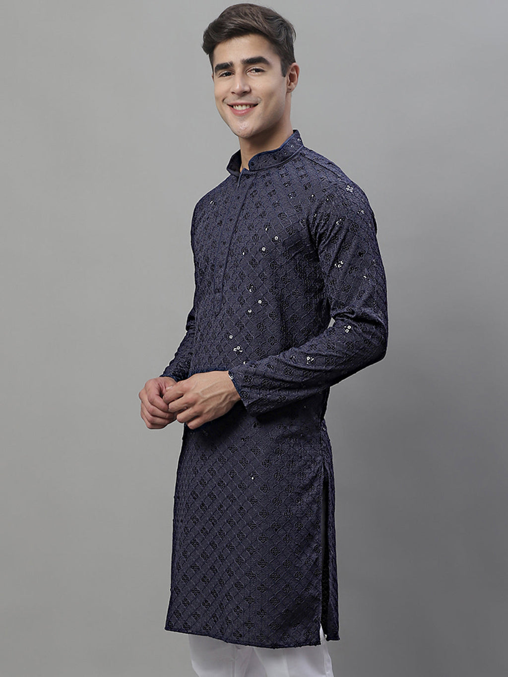 Jompers Men's Grey Chikankari Embroidered and Sequence Kurta | Grocsy