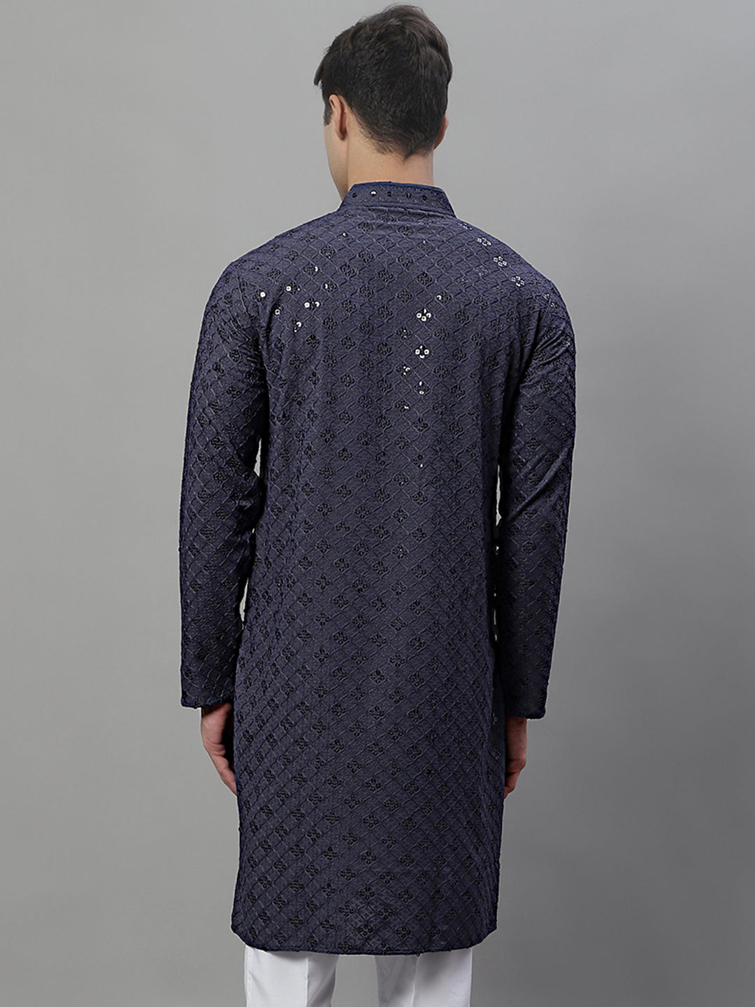Jompers Men's Grey Chikankari Embroidered and Sequence Kurta | Grocsy
