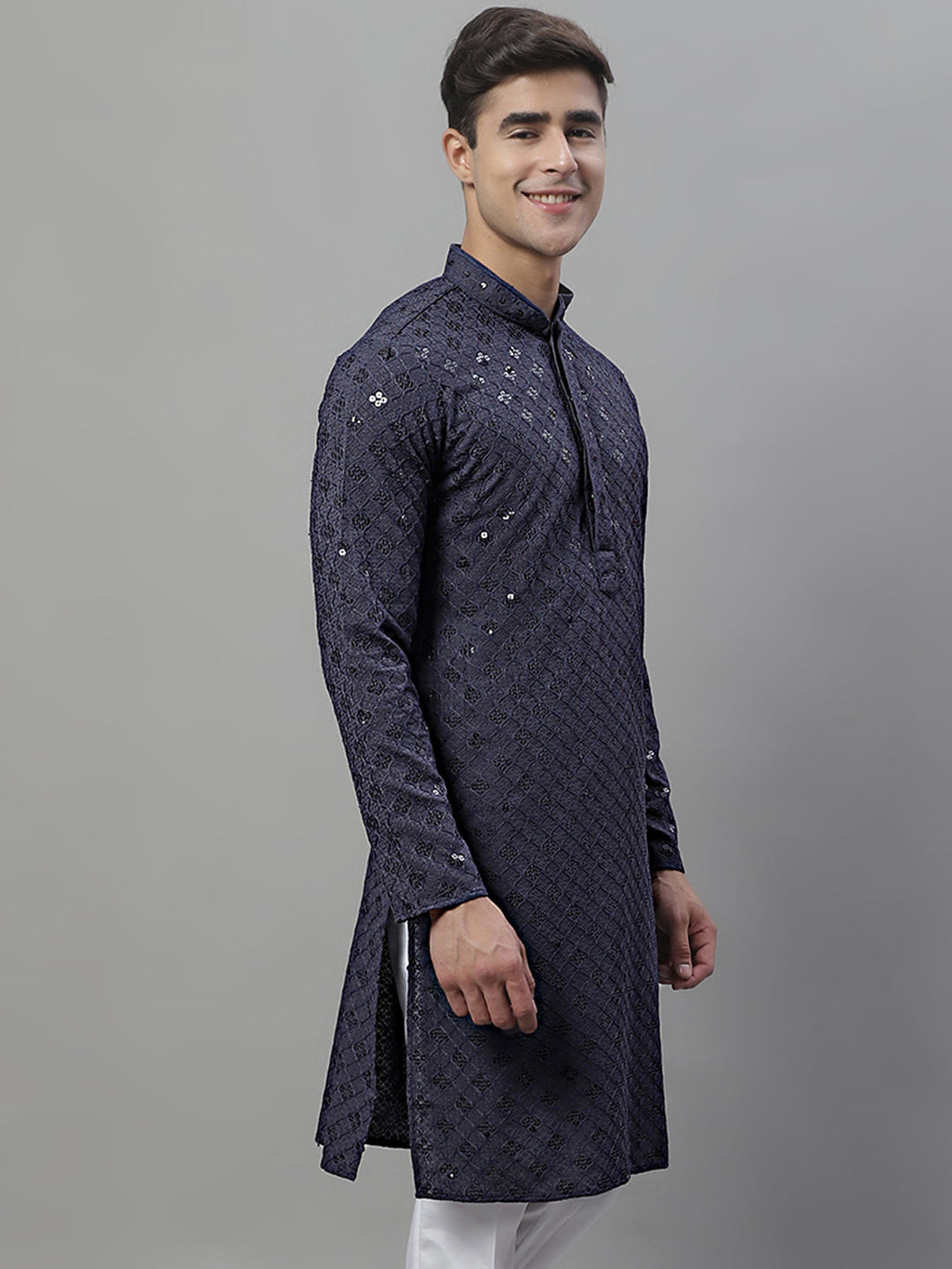 Jompers Men's Grey Chikankari Embroidered and Sequence Kurta | Grocsy