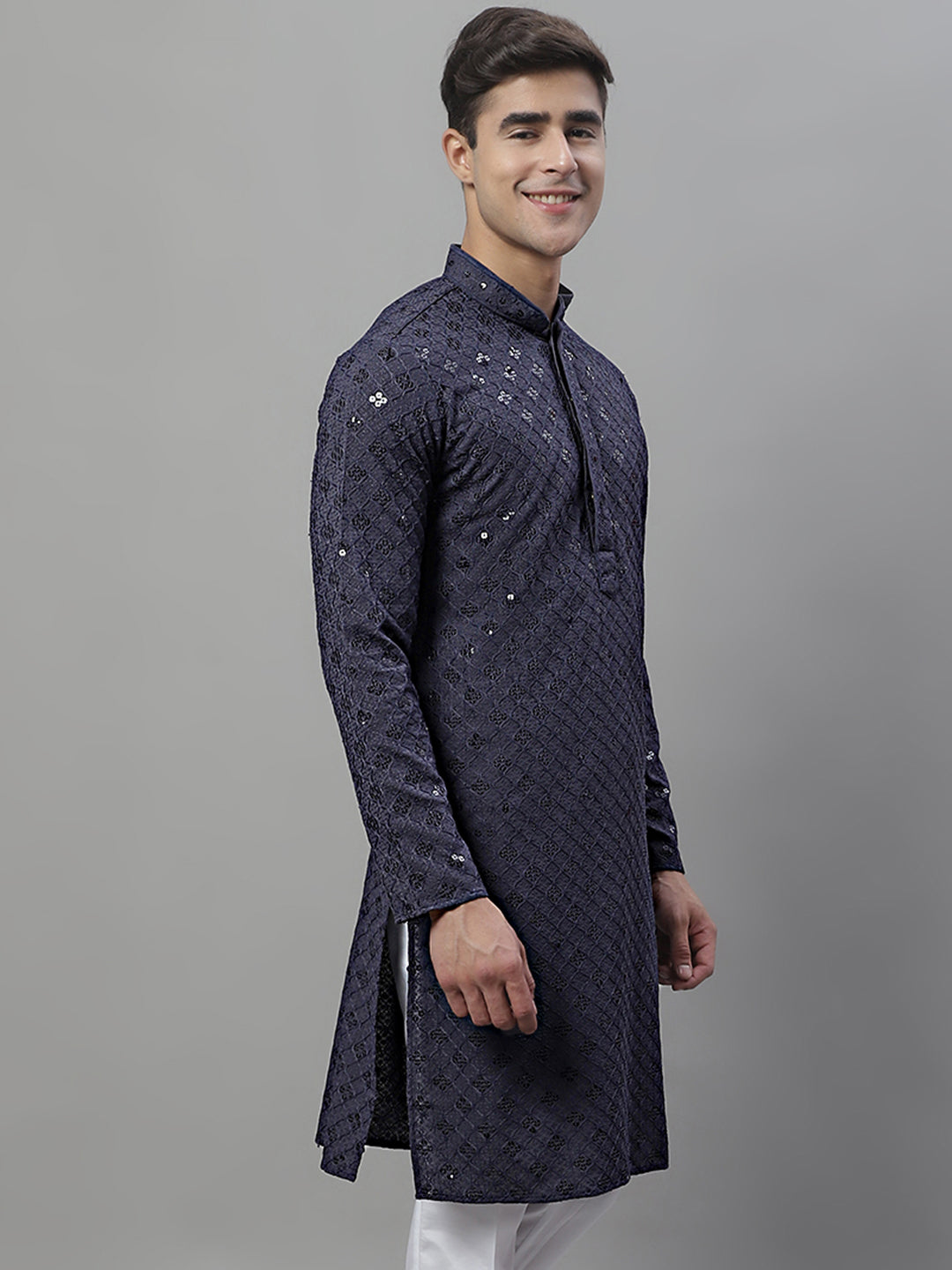 Jompers Men's Grey Chikankari Embroidered and Sequence Kurta | Grocsy