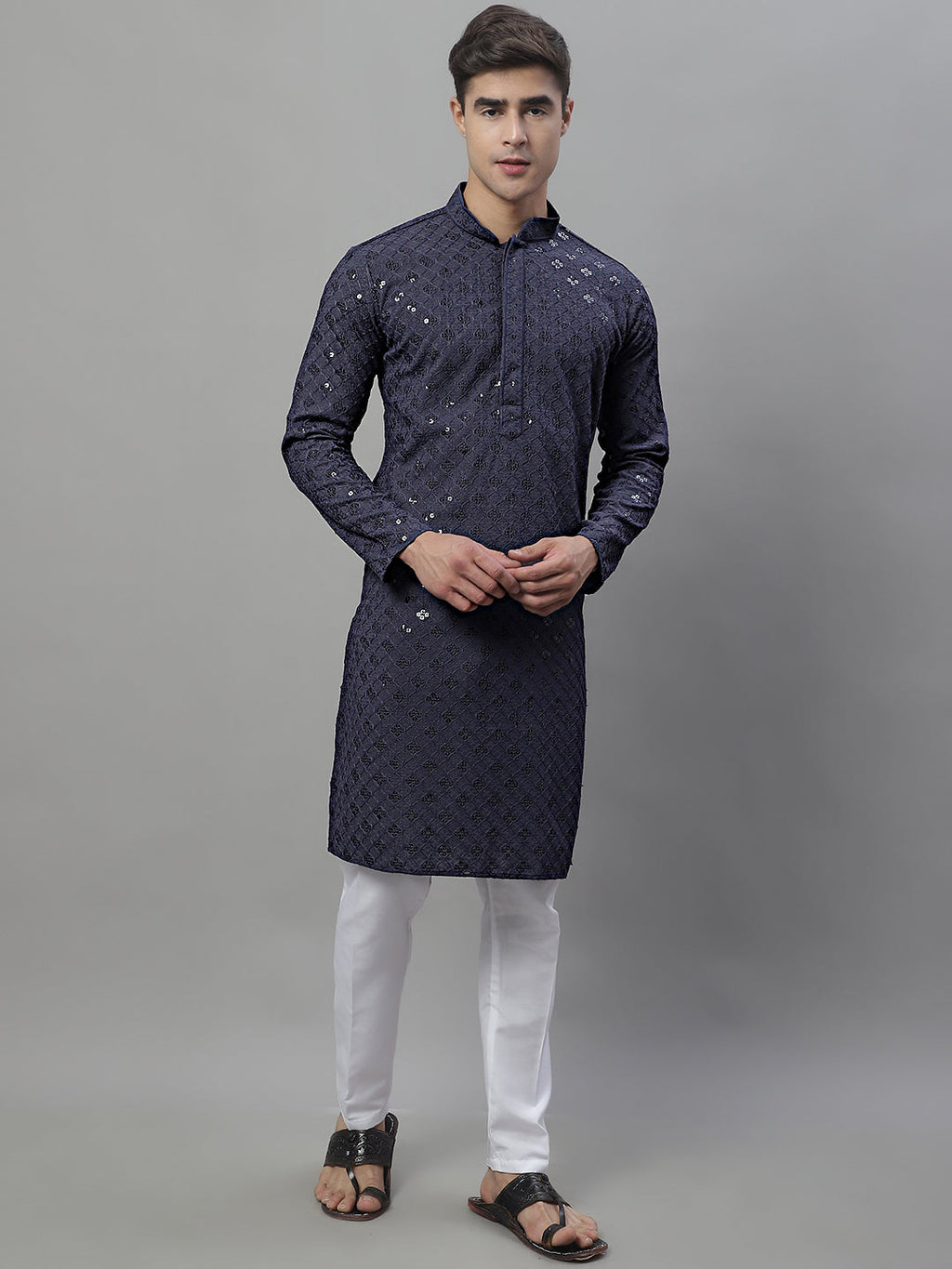 Jompers Men's Grey Chikankari Embroidered and Sequence Kurta | Grocsy