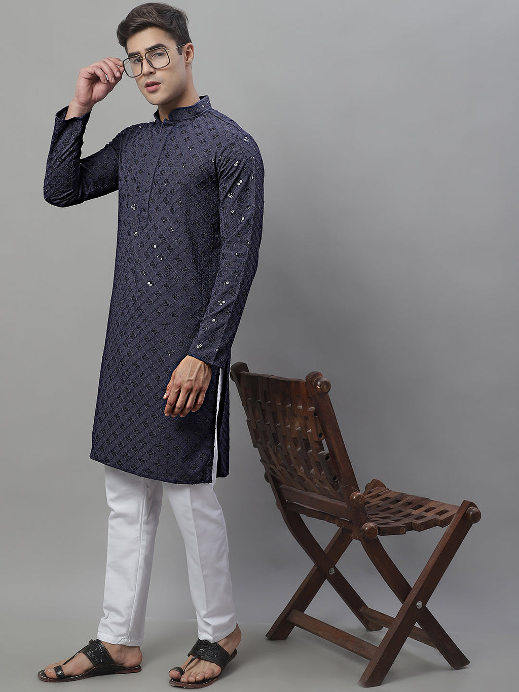 Jompers Men's Grey Chikankari Embroidered and Sequence Kurta | Grocsy