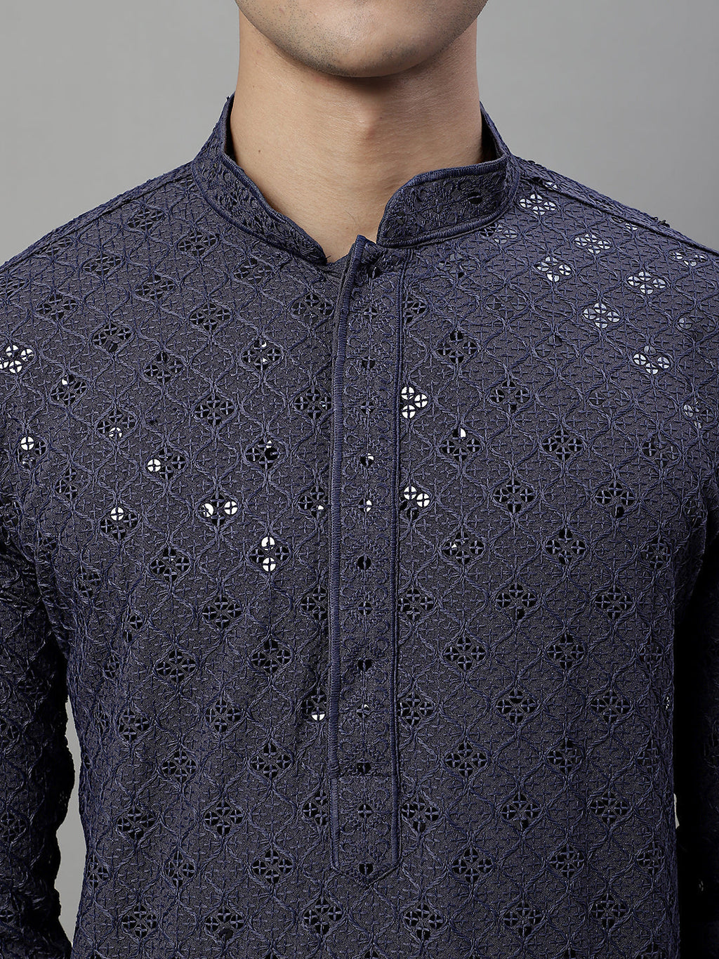 Jompers Men's Grey Chikankari Embroidered and Sequence Kurta | Grocsy