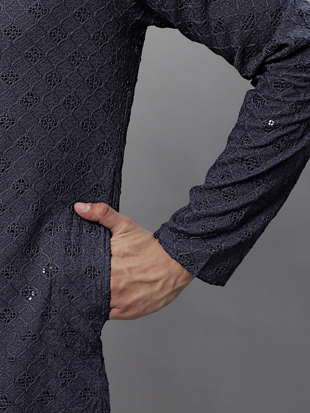 Jompers Men's Grey Chikankari Embroidered and Sequence Kurta | Grocsy