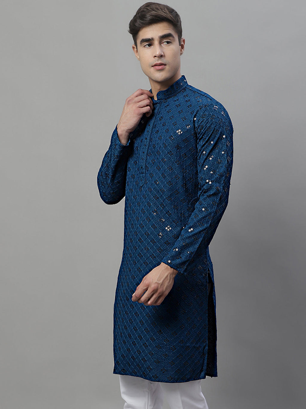 Jompers Men's Peacock Blue Chikankari Embroidered and Sequence Kurta | Grocsy