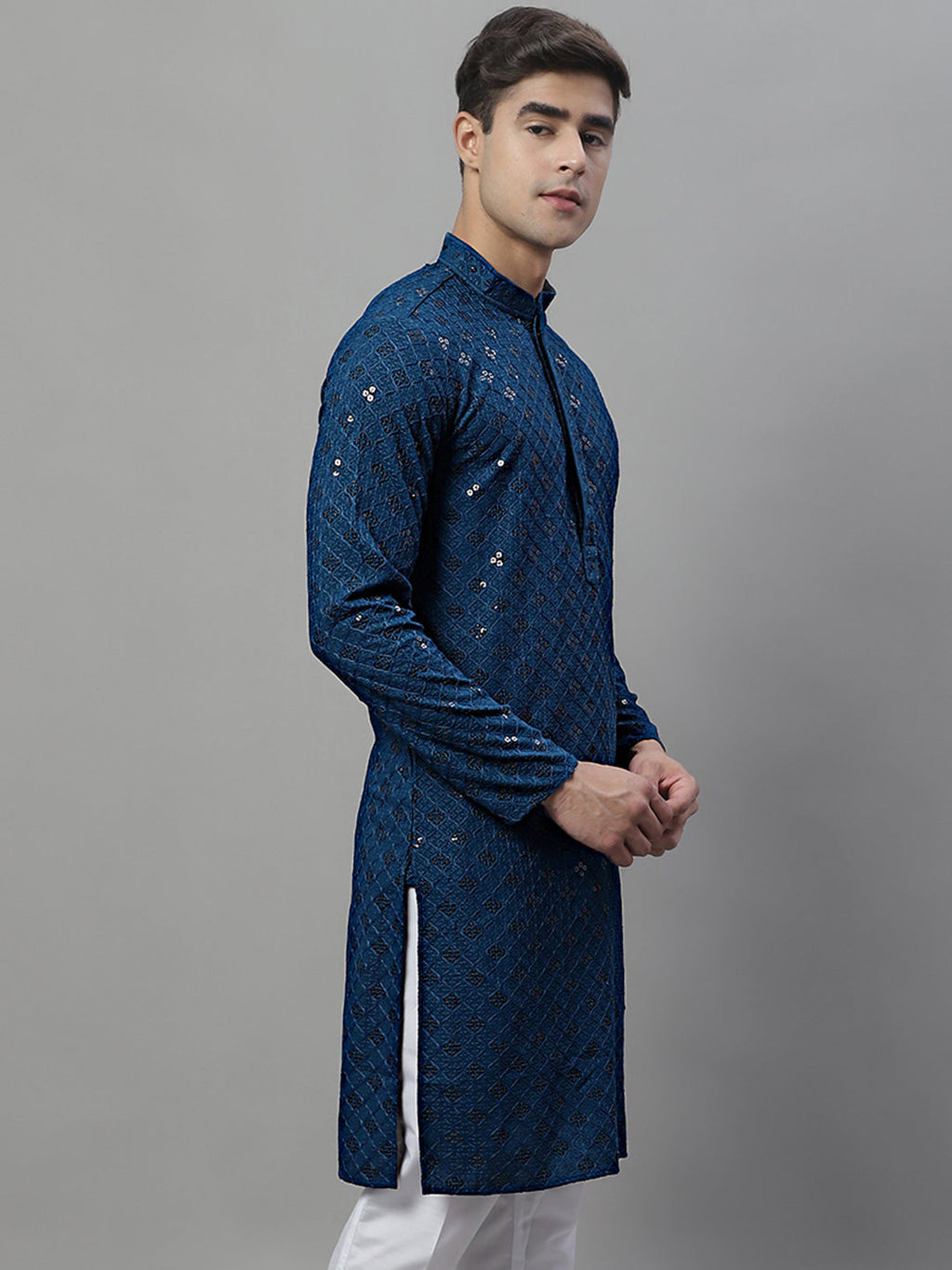 Jompers Men's Peacock Blue Chikankari Embroidered and Sequence Kurta | Grocsy