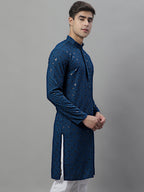 Jompers Men's Peacock Blue Chikankari Embroidered and Sequence Kurta | Grocsy