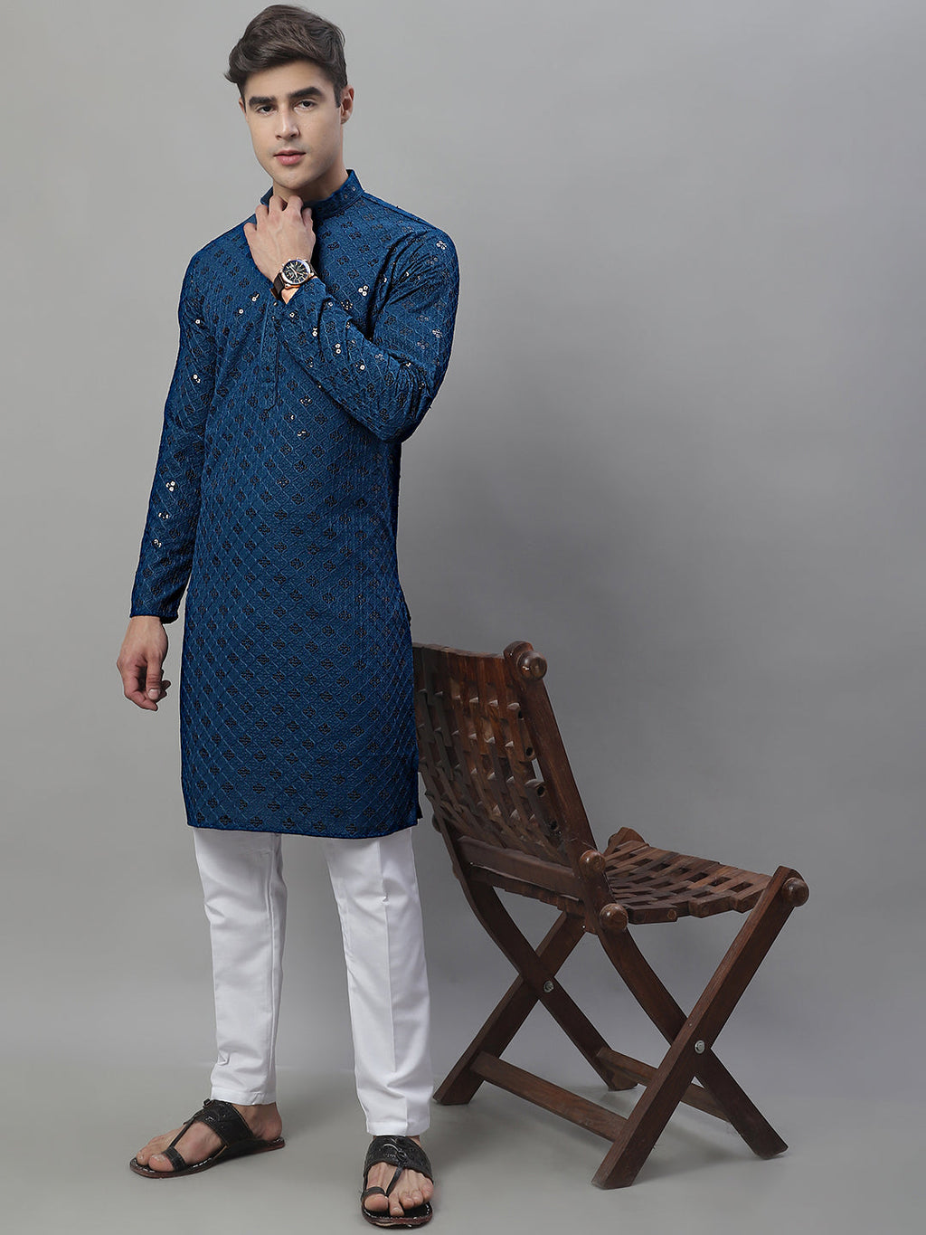 Jompers Men's Peacock Blue Chikankari Embroidered and Sequence Kurta | Grocsy