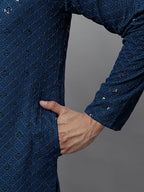 Jompers Men's Peacock Blue Chikankari Embroidered and Sequence Kurta | Grocsy