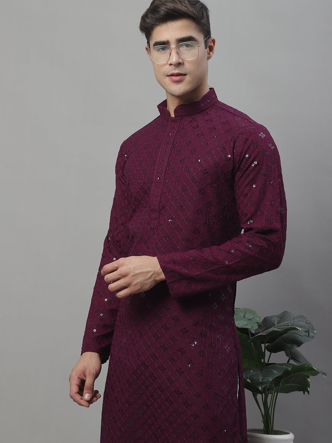 Jompers Men's Purple Chikankari Embroidered and Sequence Kurta | Grocsy
