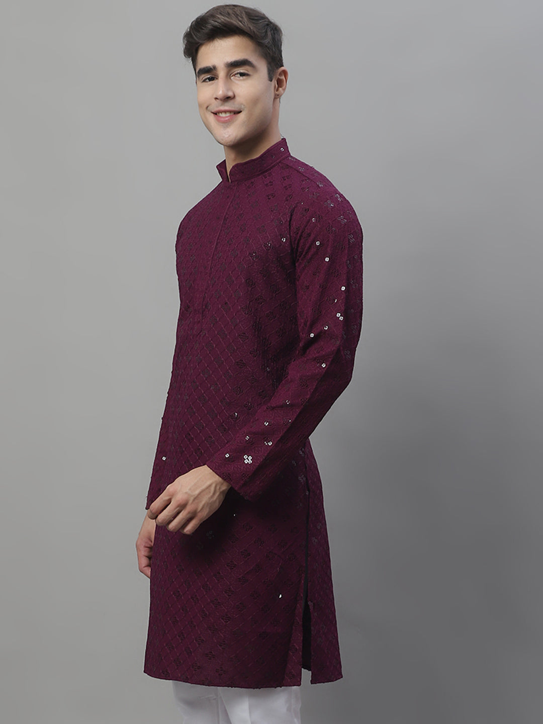 Jompers Men's Purple Chikankari Embroidered and Sequence Kurta | Grocsy