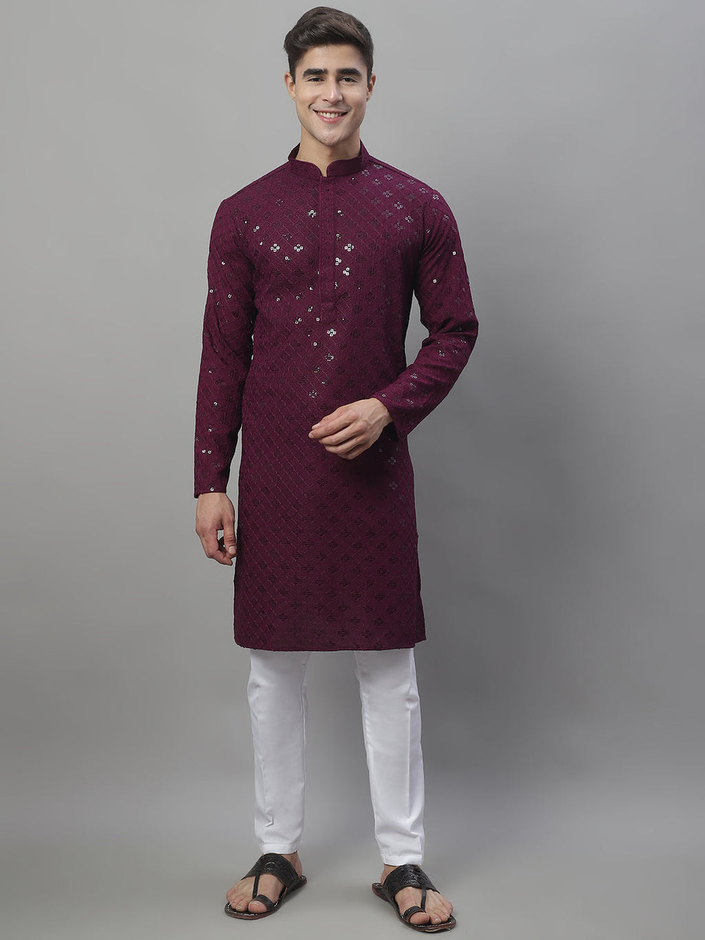 Jompers Men's Purple Chikankari Embroidered and Sequence Kurta | Grocsy