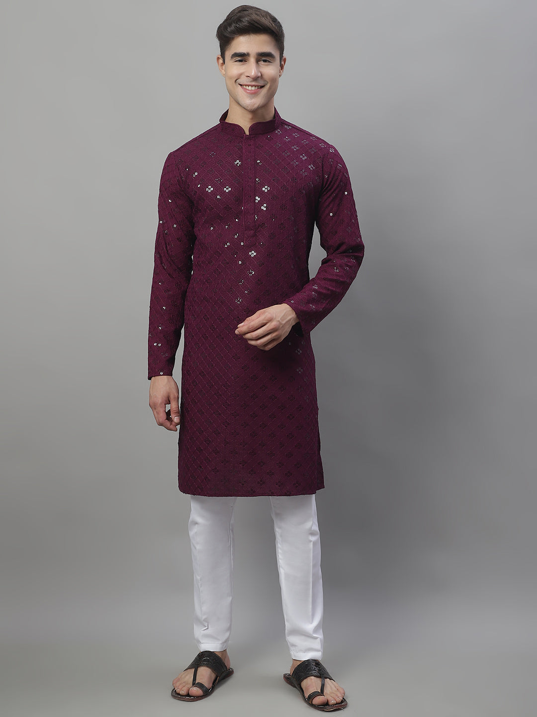 Jompers Men's Purple Chikankari Embroidered and Sequence Kurta | Grocsy