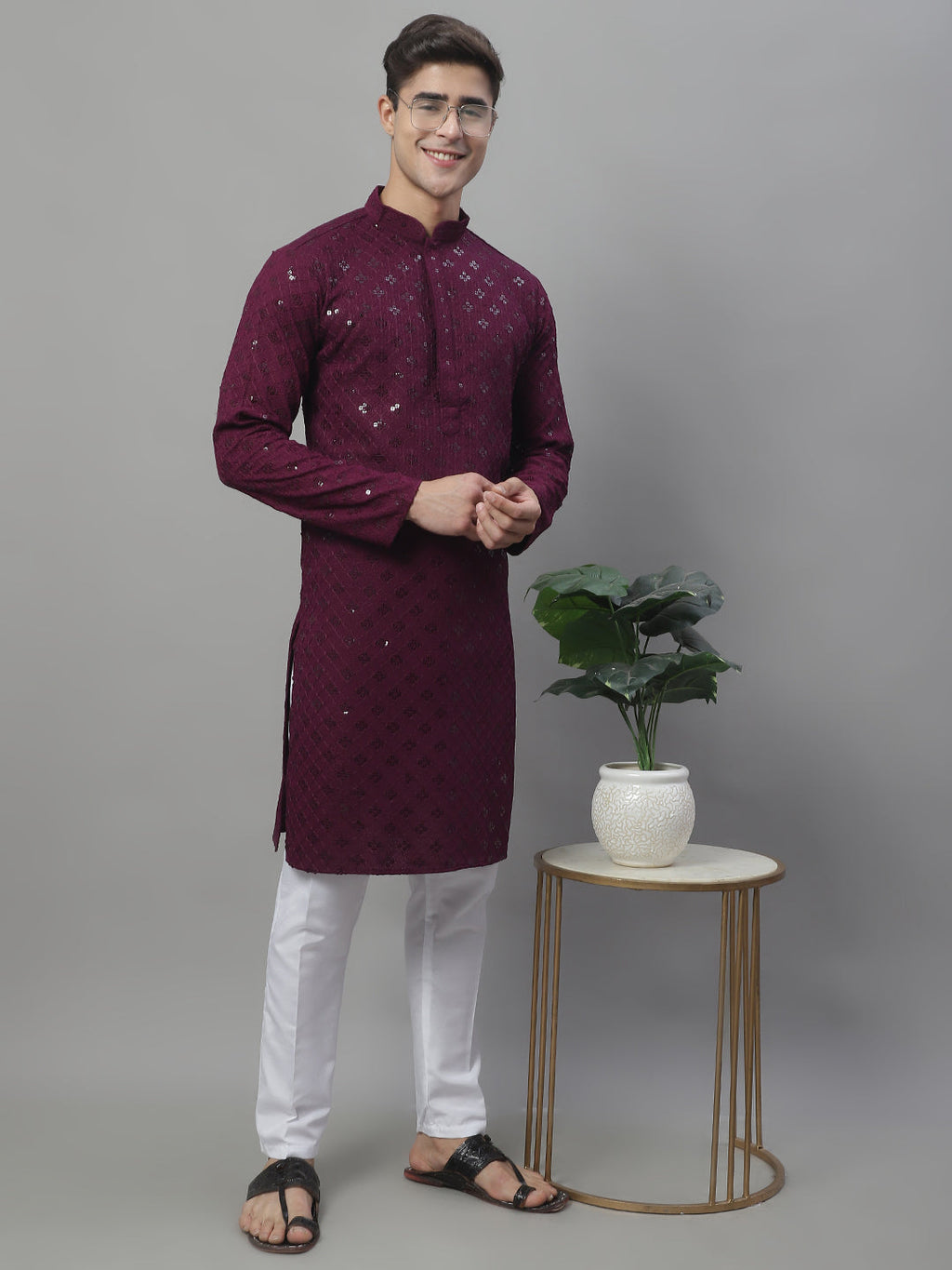 Jompers Men's Purple Chikankari Embroidered and Sequence Kurta | Grocsy
