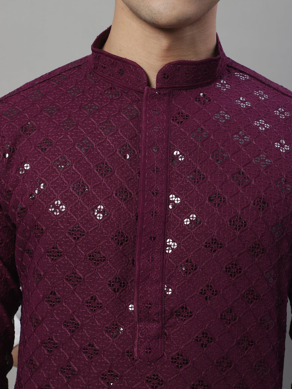 Jompers Men's Purple Chikankari Embroidered and Sequence Kurta | Grocsy