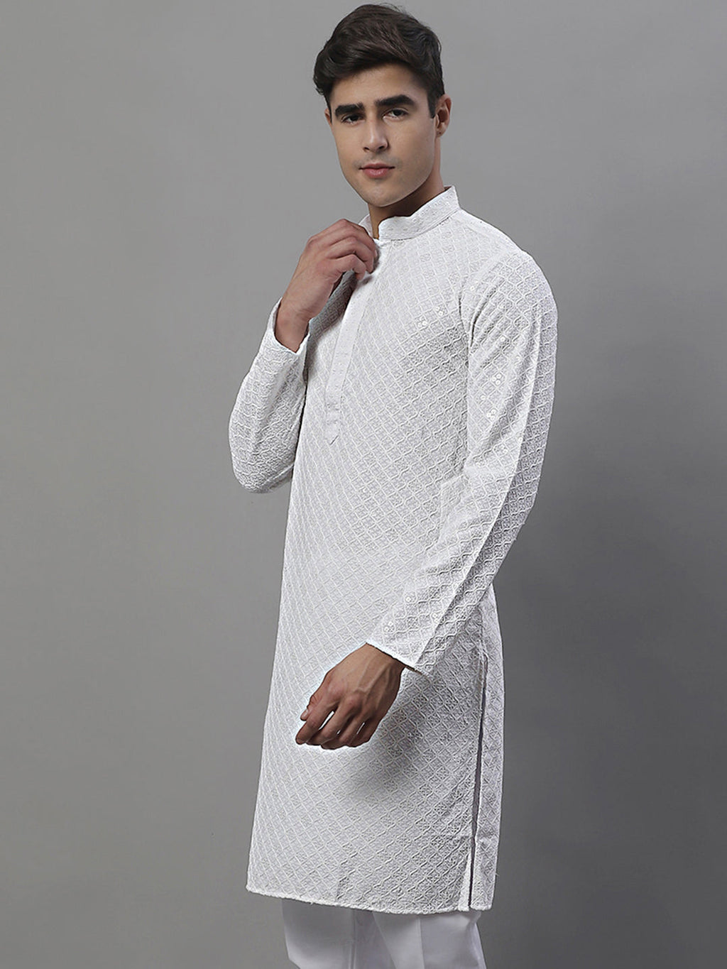 Jompers Men's White Chikankari Embroidered and Sequence Kurta | Grocsy