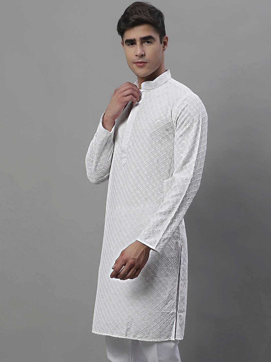 Jompers Men's White Chikankari Embroidered and Sequence Kurta | Grocsy