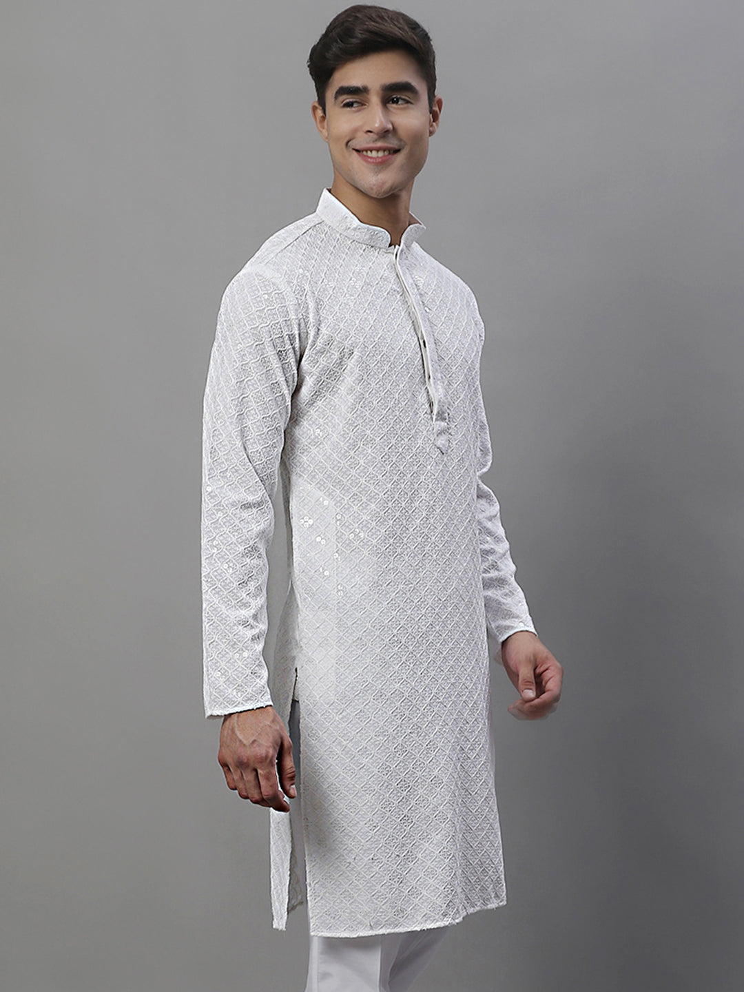 Jompers Men's White Chikankari Embroidered and Sequence Kurta | Grocsy
