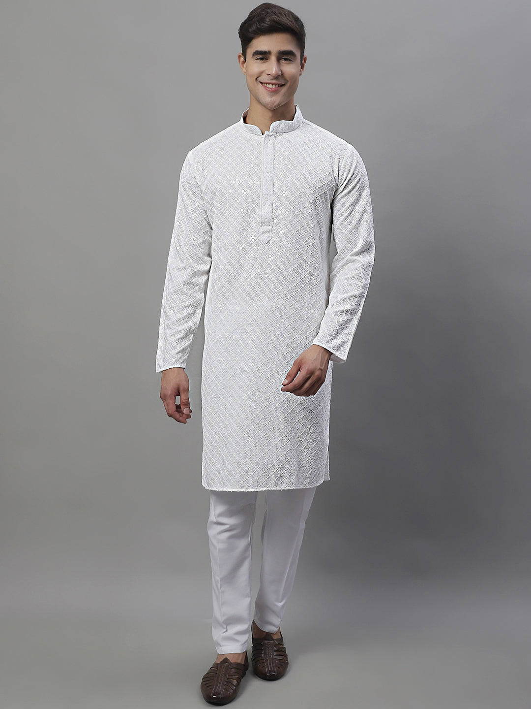 Jompers Men's White Chikankari Embroidered and Sequence Kurta | Grocsy