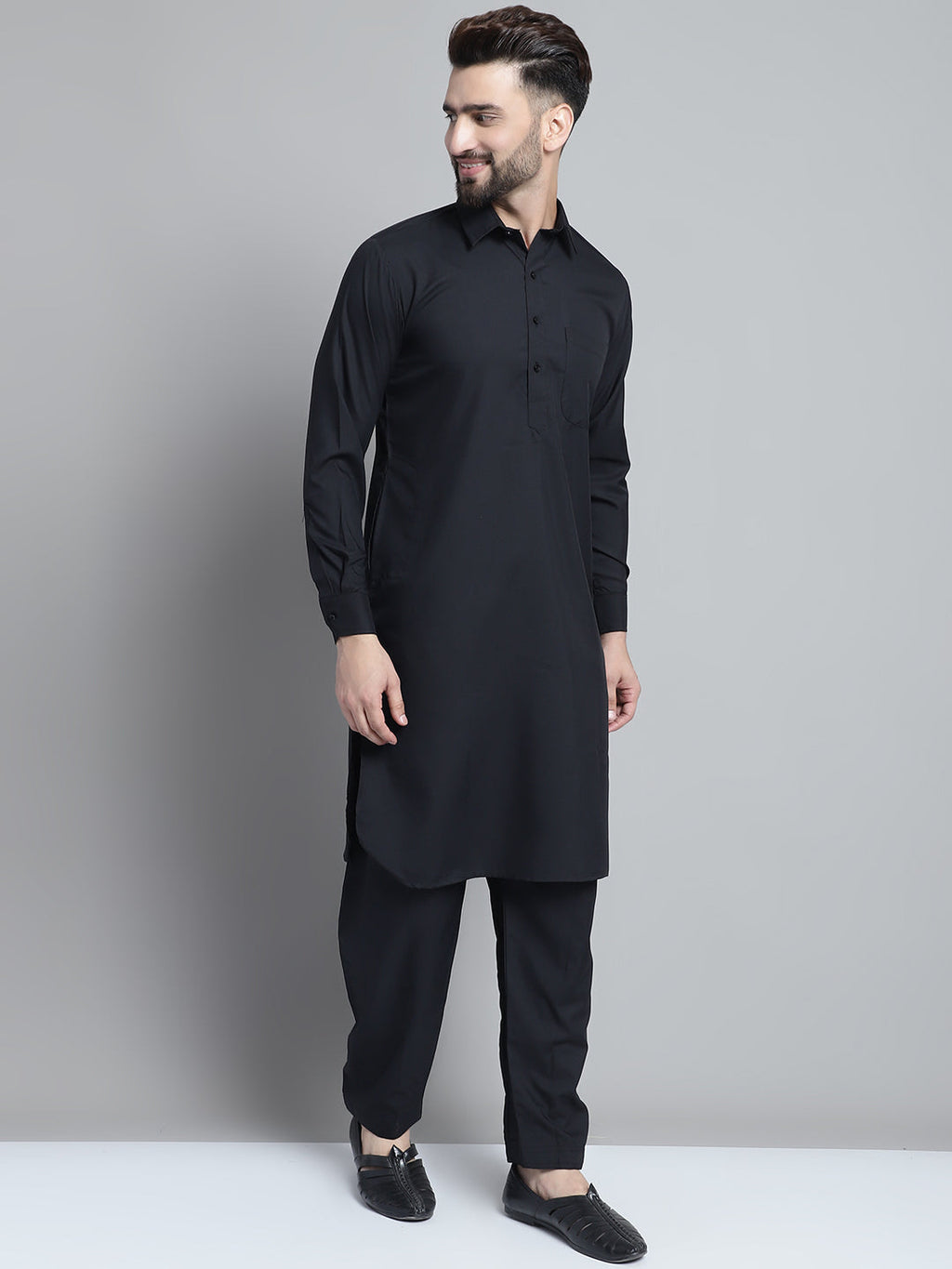 Jompers Men's Black Cotton Solid Pathani Kurta with Salwar | Grocsy