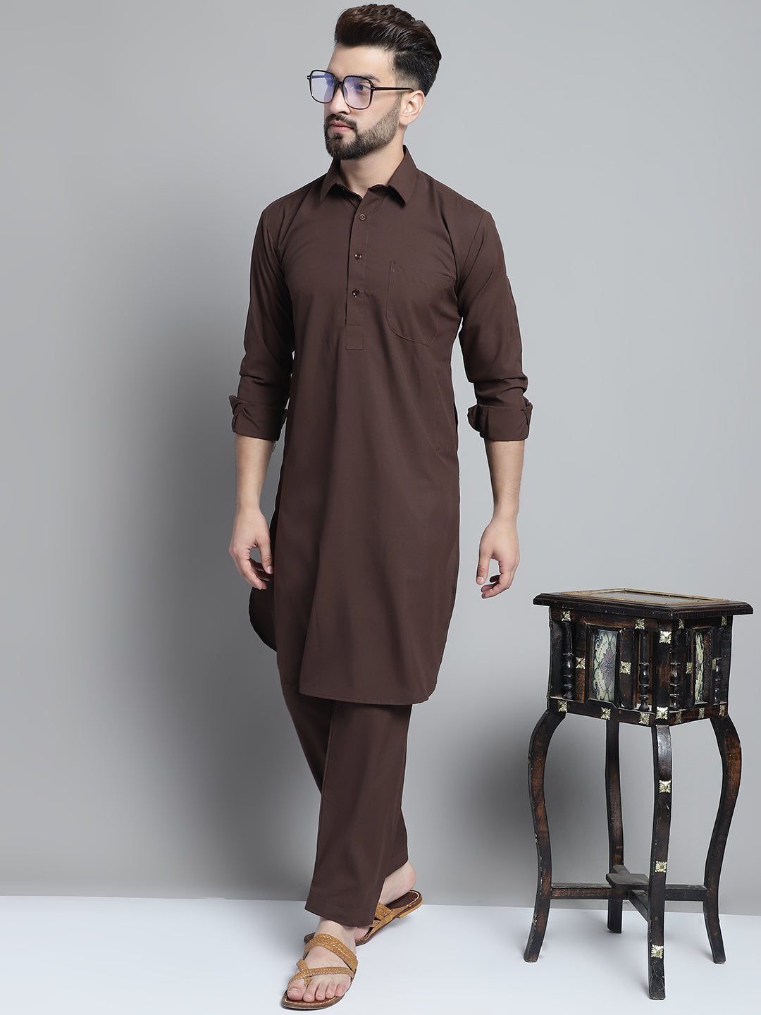 Jompers Men's Coffee Brown Cotton Solid Pathani Kurta with Salwar | Grocsy