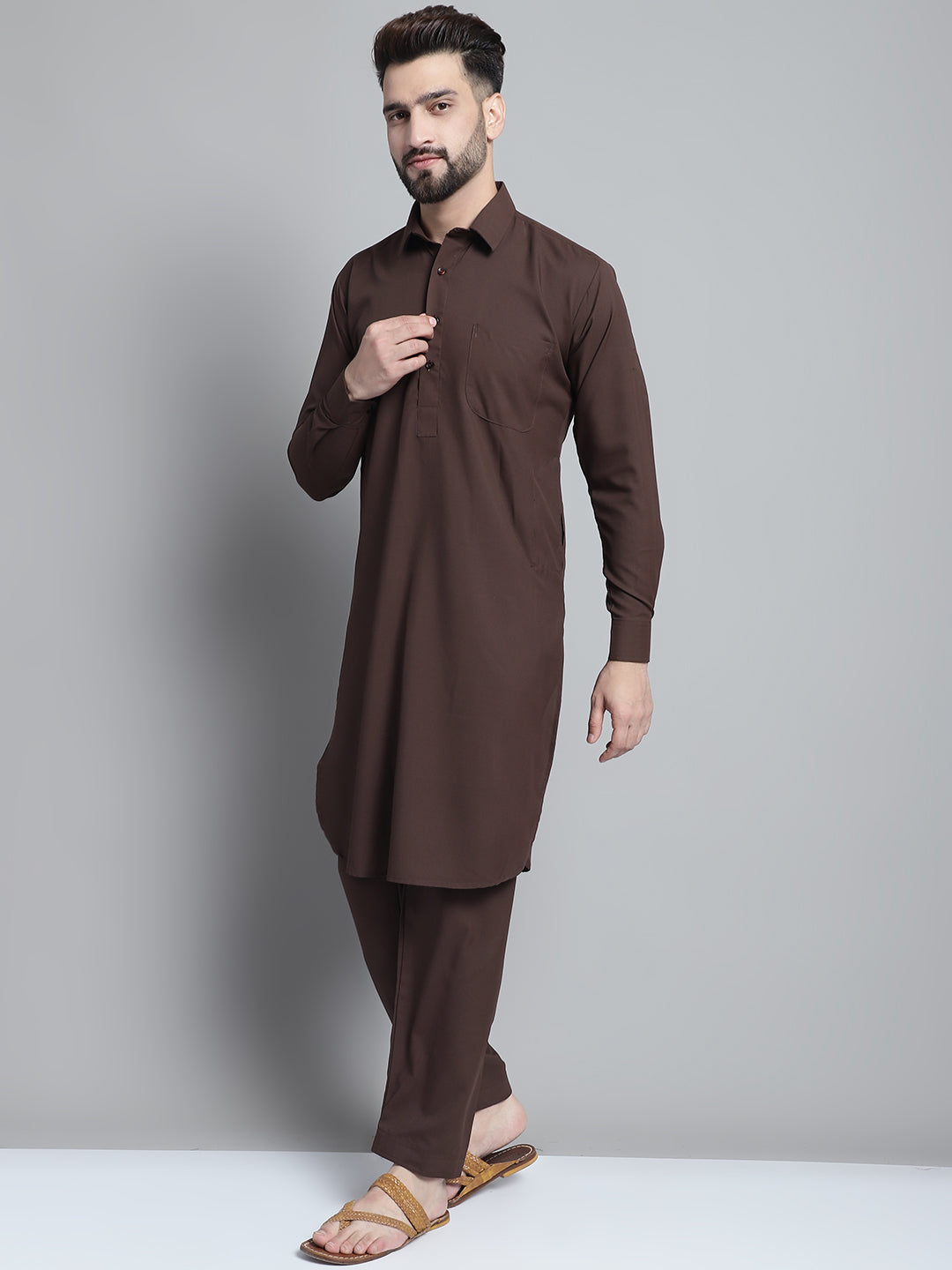 Jompers Men's Coffee Brown Cotton Solid Pathani Kurta with Salwar | Grocsy