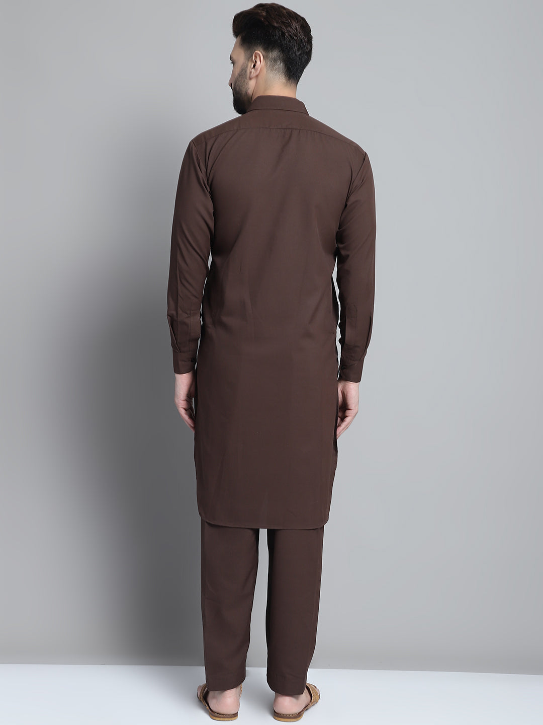 Jompers Men's Coffee Brown Cotton Solid Pathani Kurta with Salwar | Grocsy