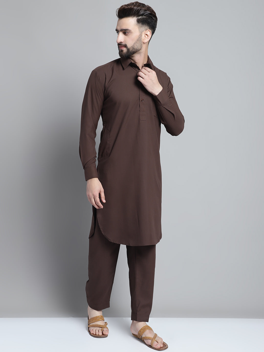 Jompers Men's Coffee Brown Cotton Solid Pathani Kurta with Salwar | Grocsy