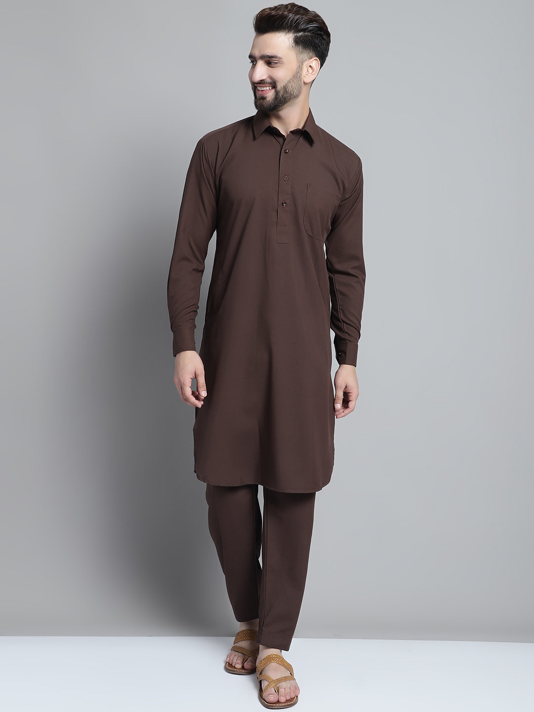 Jompers Men's Coffee Brown Cotton Solid Pathani Kurta with Salwar | Grocsy