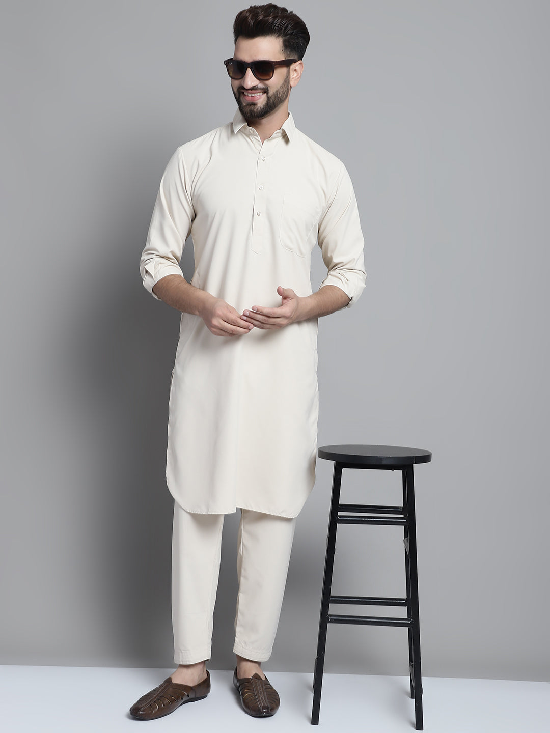 Jompers Men's Cream Cotton Solid Pathani Kurta with Salwar | Grocsy