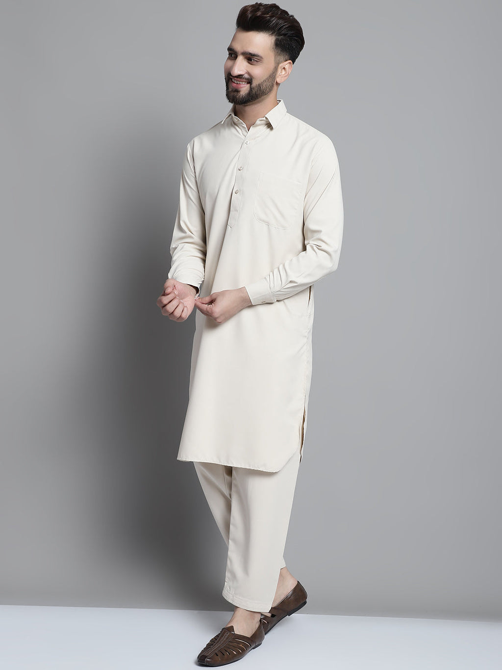 Jompers Men's Cream Cotton Solid Pathani Kurta with Salwar | Grocsy