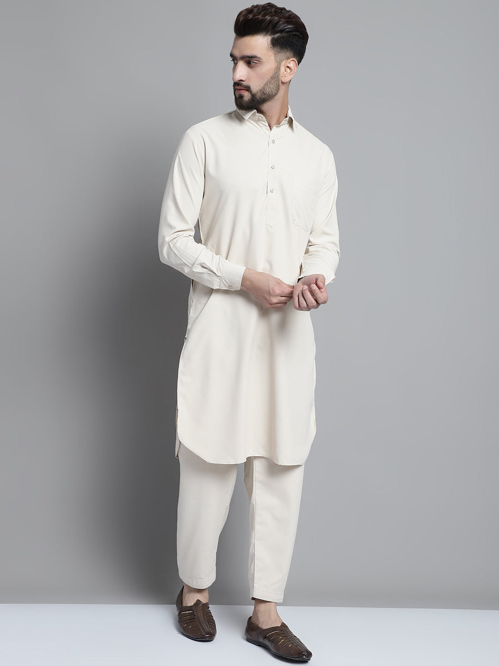 Jompers Men's Cream Cotton Solid Pathani Kurta with Salwar | Grocsy