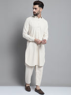 Jompers Men's Cream Cotton Solid Pathani Kurta with Salwar | Grocsy