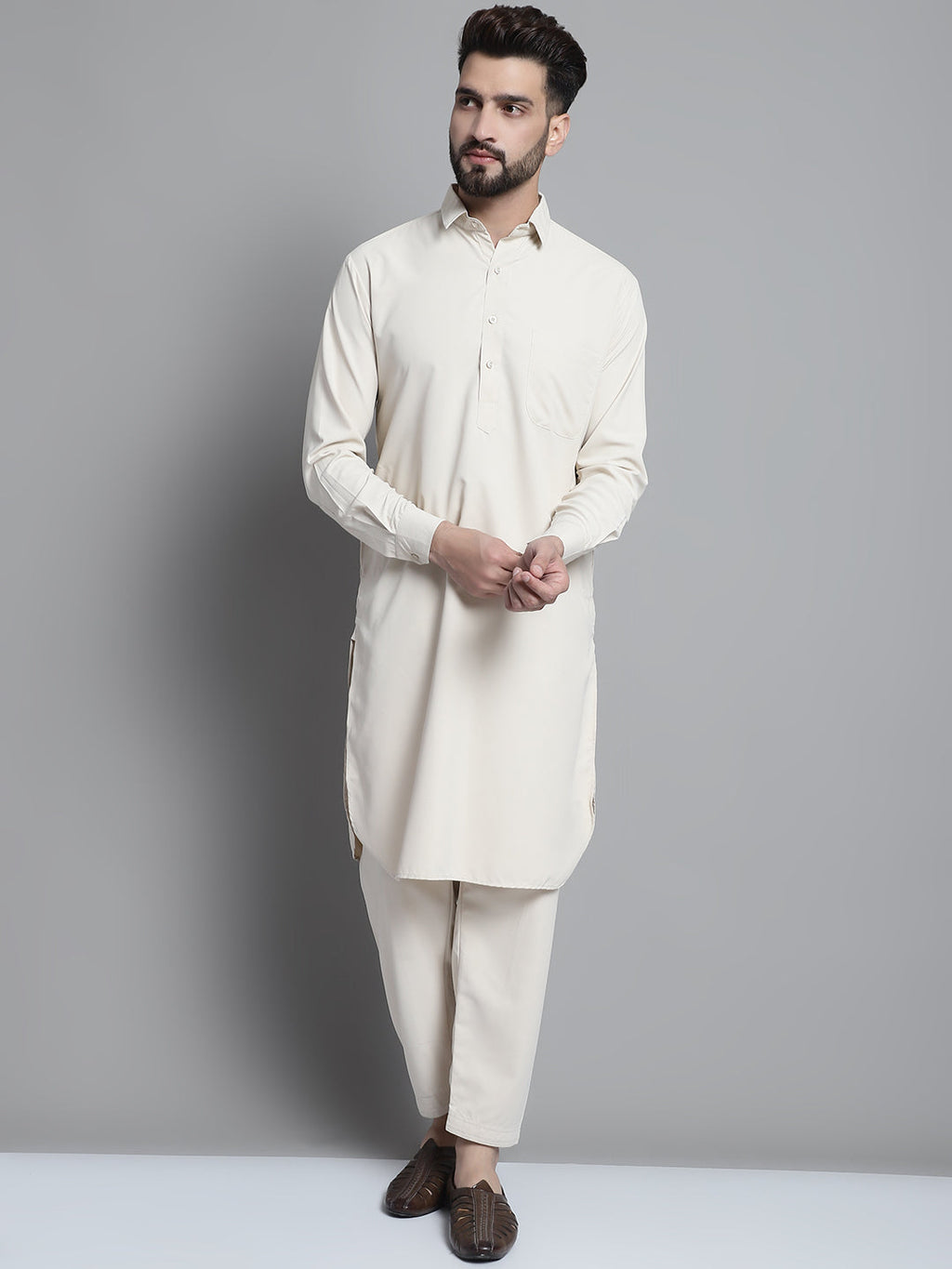 Jompers Men's Cream Cotton Solid Pathani Kurta with Salwar | Grocsy